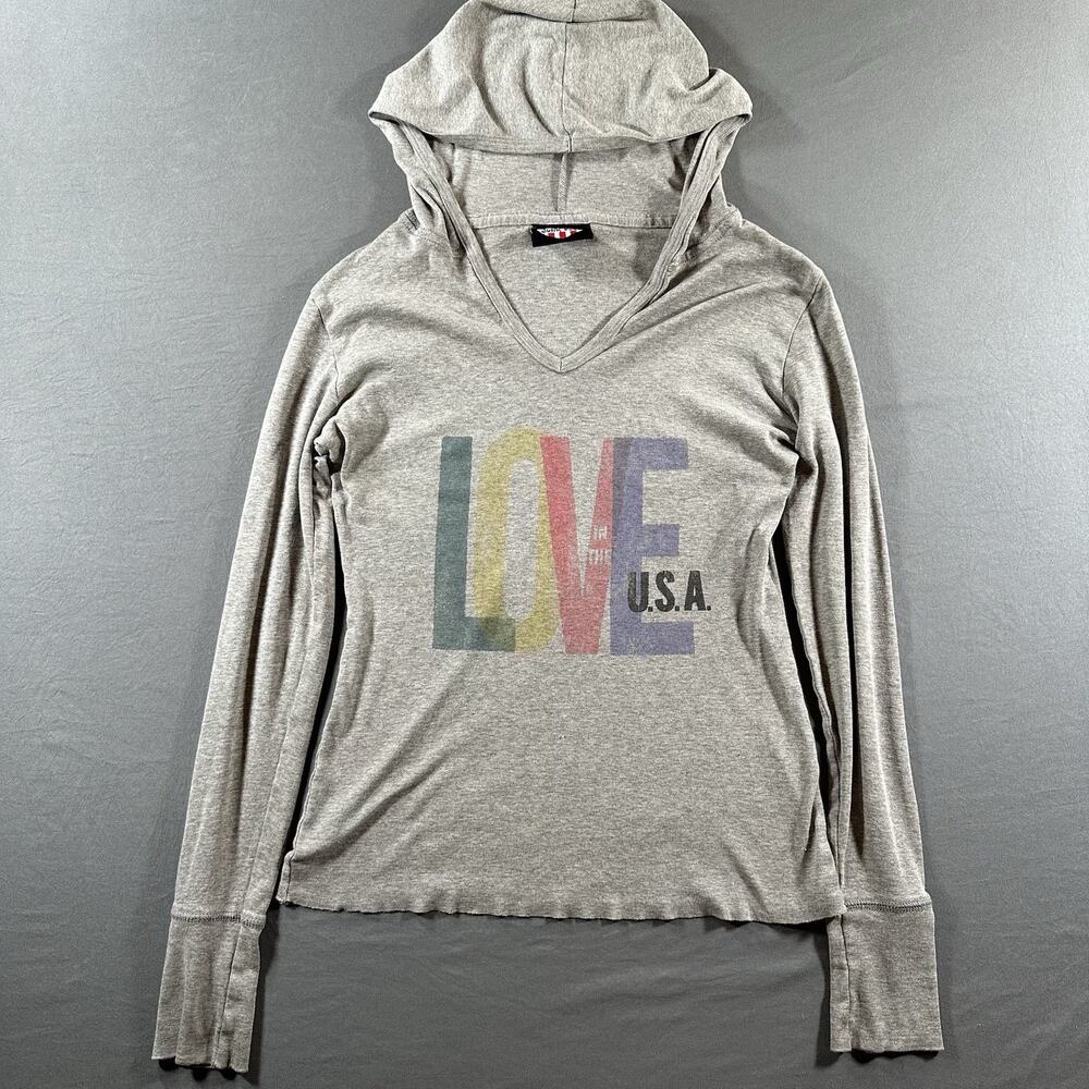 Junk Food Women's Gray Cut Off Pullover Hoodie V-Neck Graphic Long Sleeve S